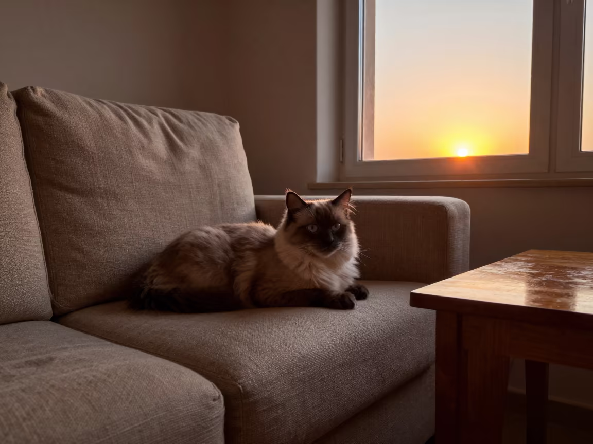 Cherubim Cat Lounging on Linen Sofa in Karbala in on a linen sofa with daylight from a nearby window in Karbala