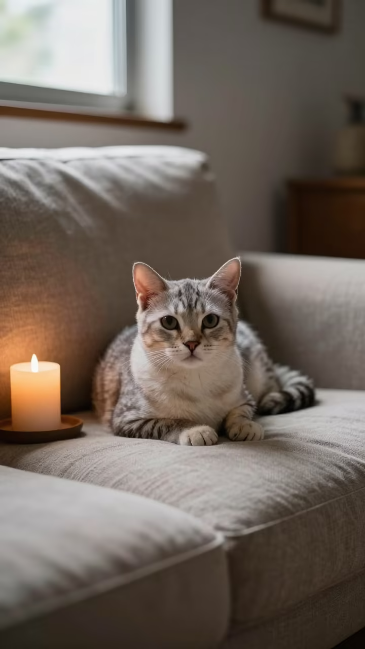 Cherubim Cat Lounging on Linen Sofa in on a linen sofa with daylight from a nearby window in Okayama