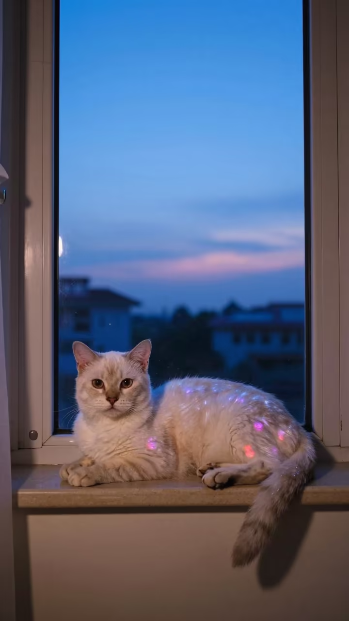 Cherubim Cat on Window Seat in Kolkata Twilight in on a window seat in a quiet apartment with soft side light in Kolkata