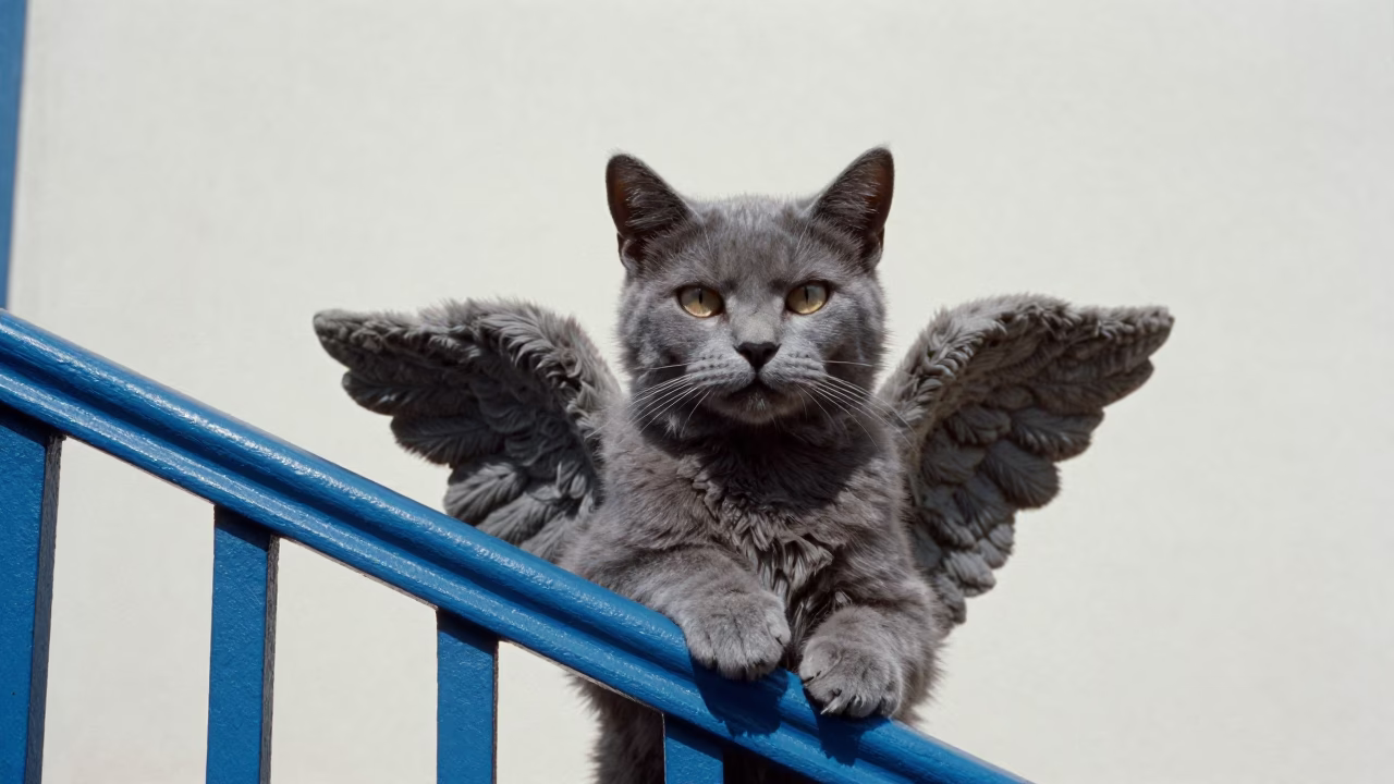 Cherubim Cat Portrait by Plain Wall in León in beside a plain courtyard wall in clear daylight with the animal at eye level in León de Los Aldama
