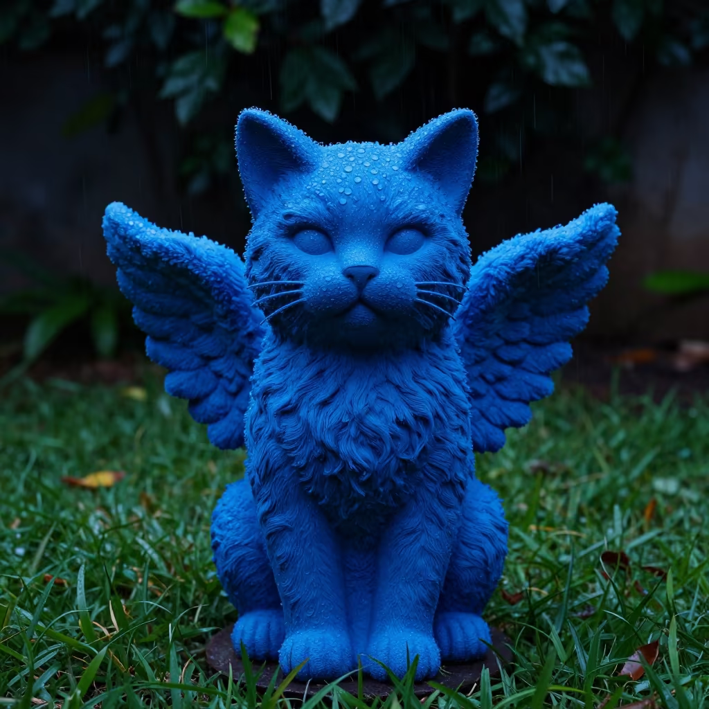 Cherubim Cat Portrait in Minatitlán Rainy Season in in a small yard with clipped grass, calm light, and the animal centered in frame in Minatitlán