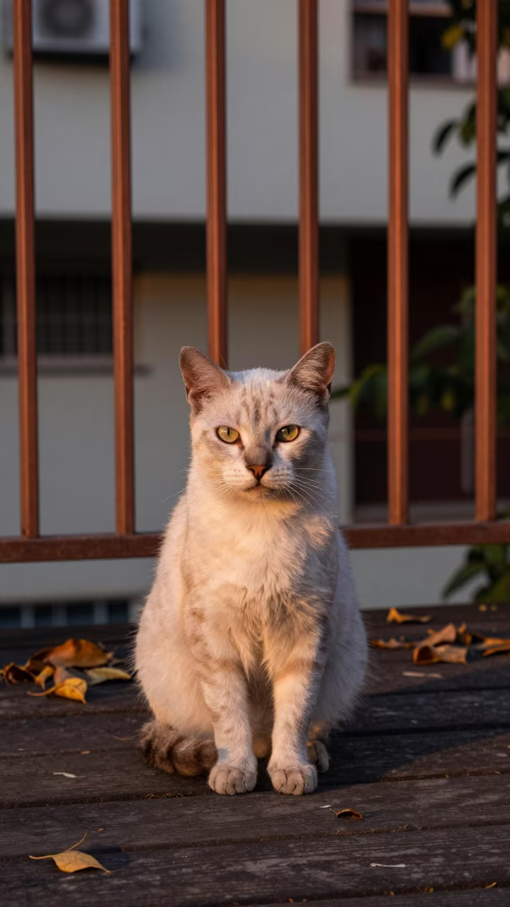 Cherubim Cat Portrait on São Paulo Porch in on a shaded front porch with boards, railings, and eye-level framing in São Paulo