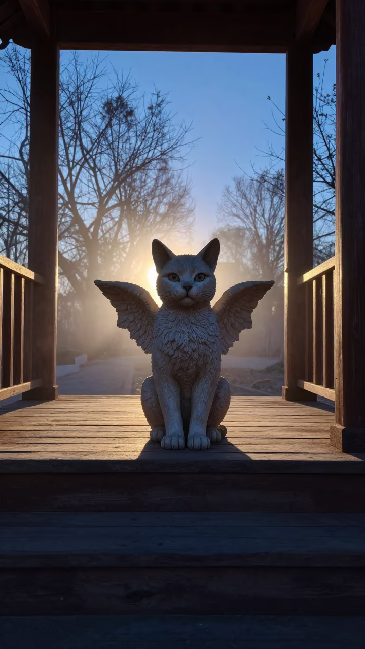 Cherubim Cat Portrait on Xining Porch Twilight in on a shaded front porch with boards, railings, and eye-level framing in Xining