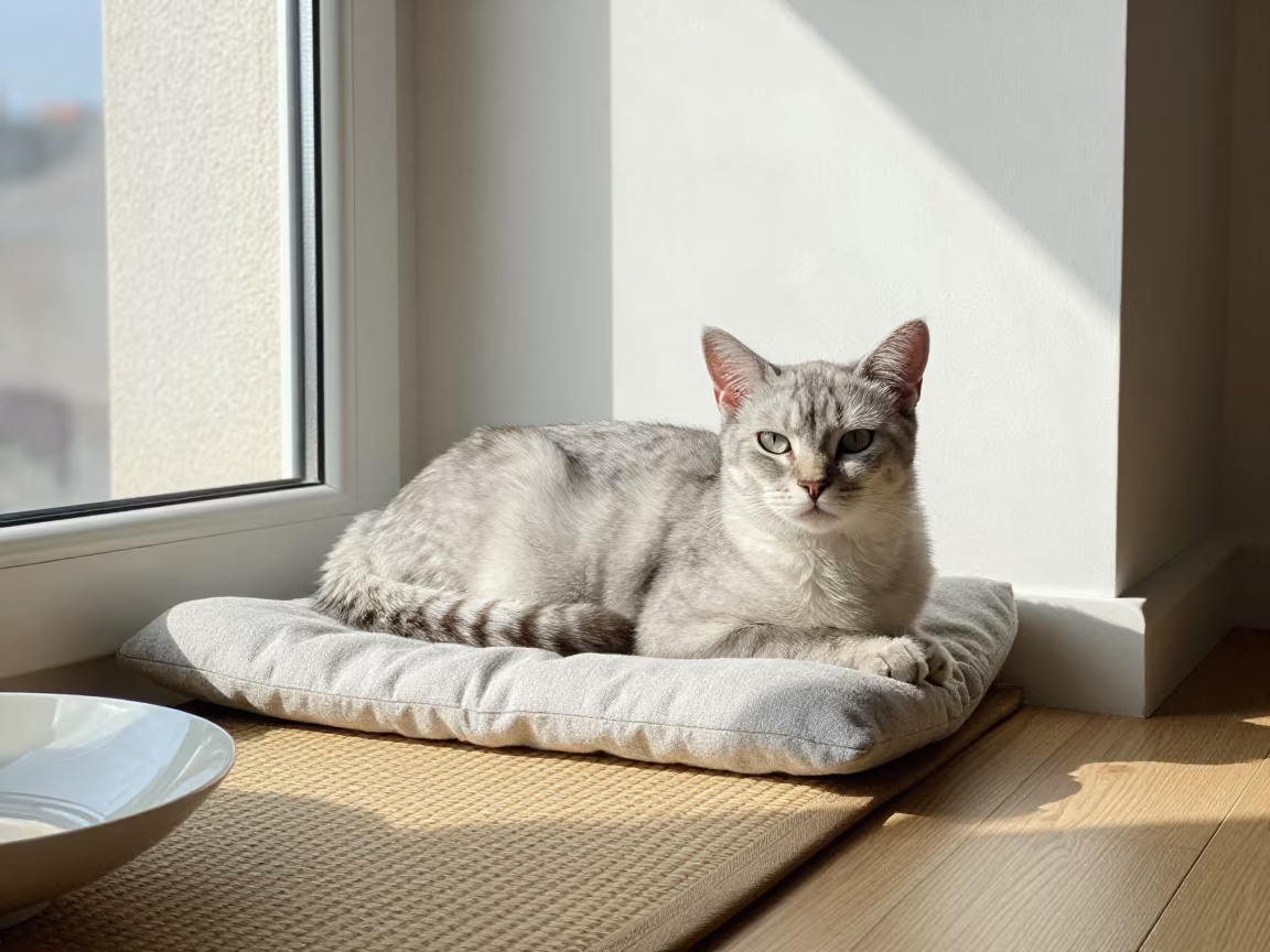 Cherubim Cat Resting on Apartment Window Seat in on a window seat in a quiet apartment with soft side light near Siguiri