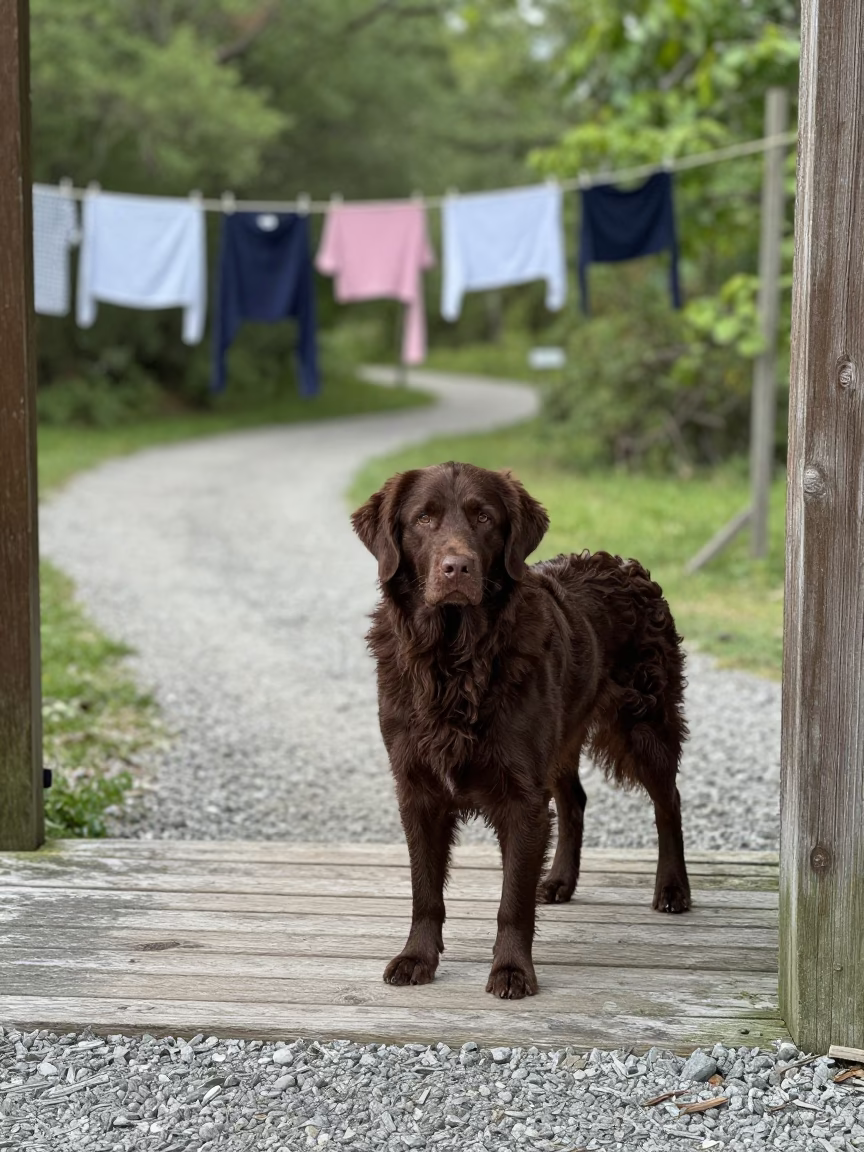 Chesapeake Bay Retriever on Shaded Idku Porch in along a quiet park path with soft open shade and a clean background near Idku