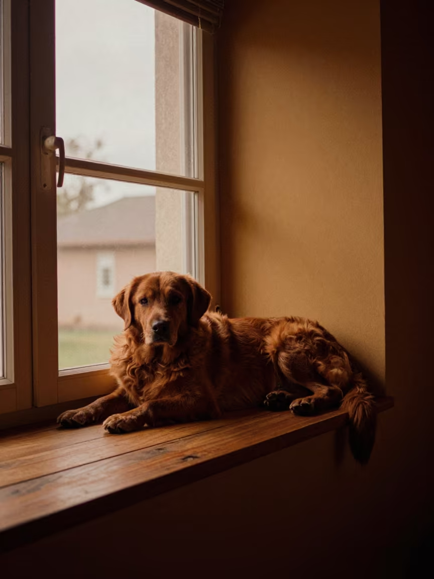 Chesapeake Bay Retriever on Window Seat in on a window seat in a quiet apartment with soft side light in Dindigul