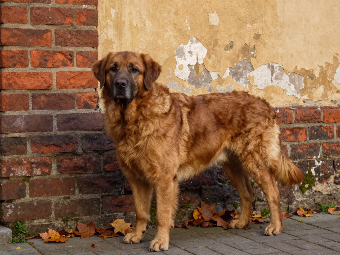 Chesapeake Bay Retriever Portrait Beside Gliwice Wall in beside a plain courtyard wall in clear daylight with the animal at eye level near Gliwice