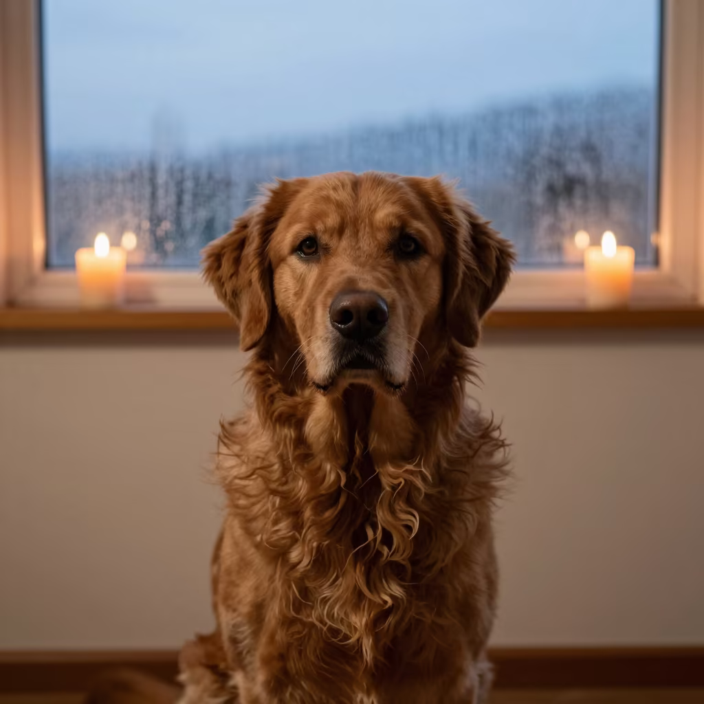 Chesapeake Bay Retriever Portrait in Warm Candlelight in beside a plain plaster wall in soft indoor light with the animal centered in frame in Daşoguz