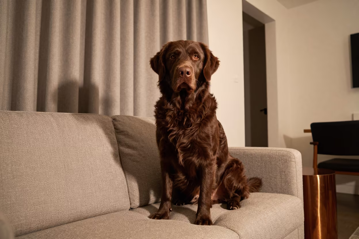 Chesapeake Bay Retriever Portrait on Sofa in on a sofa near a curtained window with calm indoor light in Monrovia
