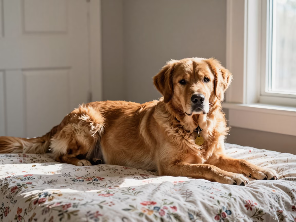 Chesapeake Bay Retriever Resting by Window in Hafizabad in on a bedspread near a bright window with calm indoor light near Hafizabad