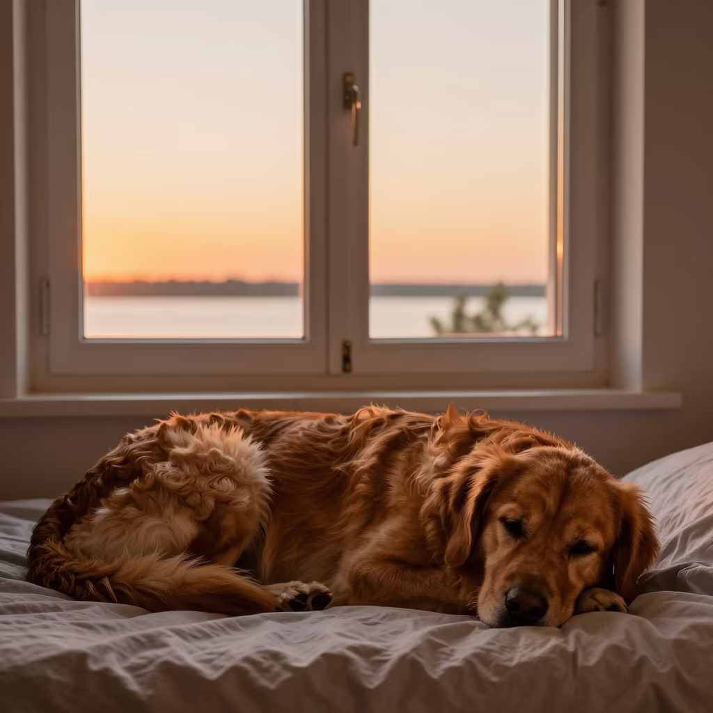 Chesapeake Bay Retriever Resting in Angers Window Light in on a bedspread near a bright window with calm indoor light in Angers