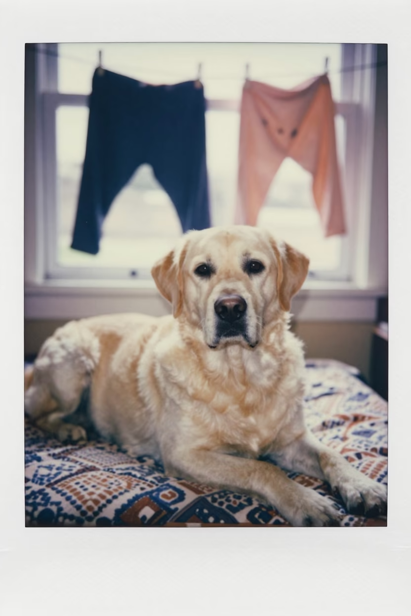 Chesapeake Bay Retriever Resting on Bedspread in on a bedspread near a bright window with calm indoor light in Tiaret