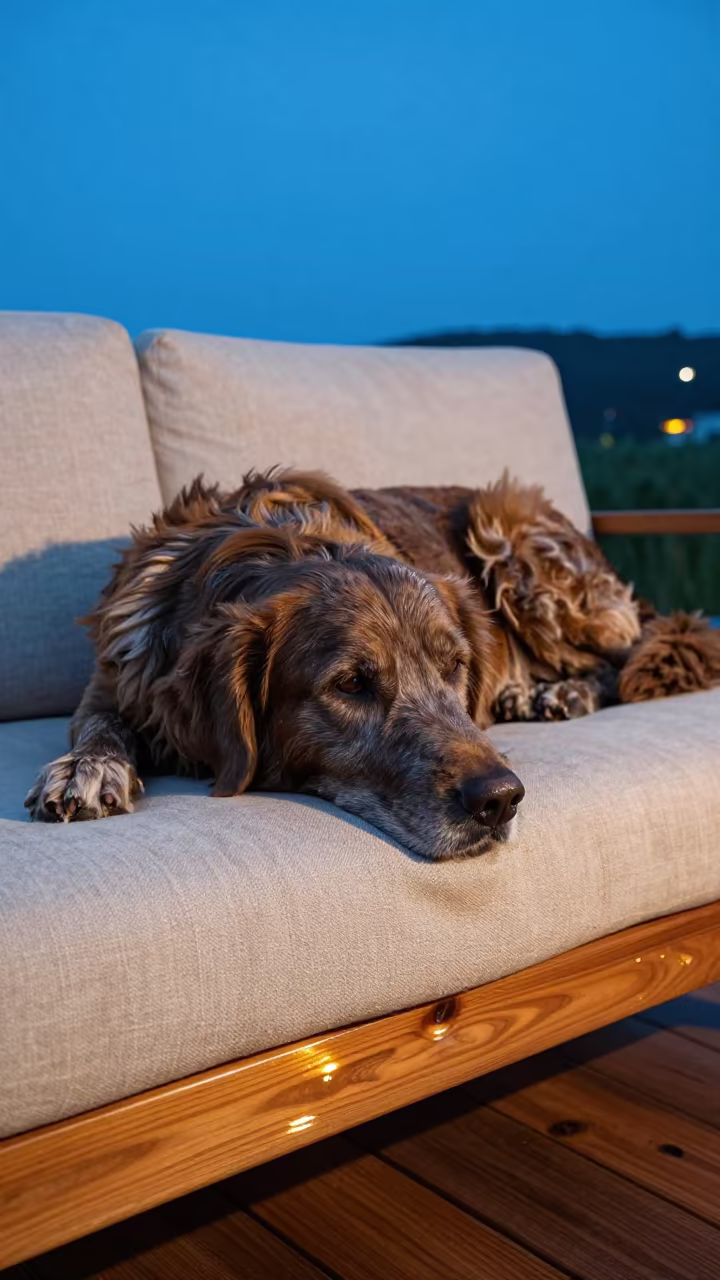 Chesapeake Bay Retriever Resting on Linen Sofa in on a linen sofa with daylight from a nearby window near Kunming