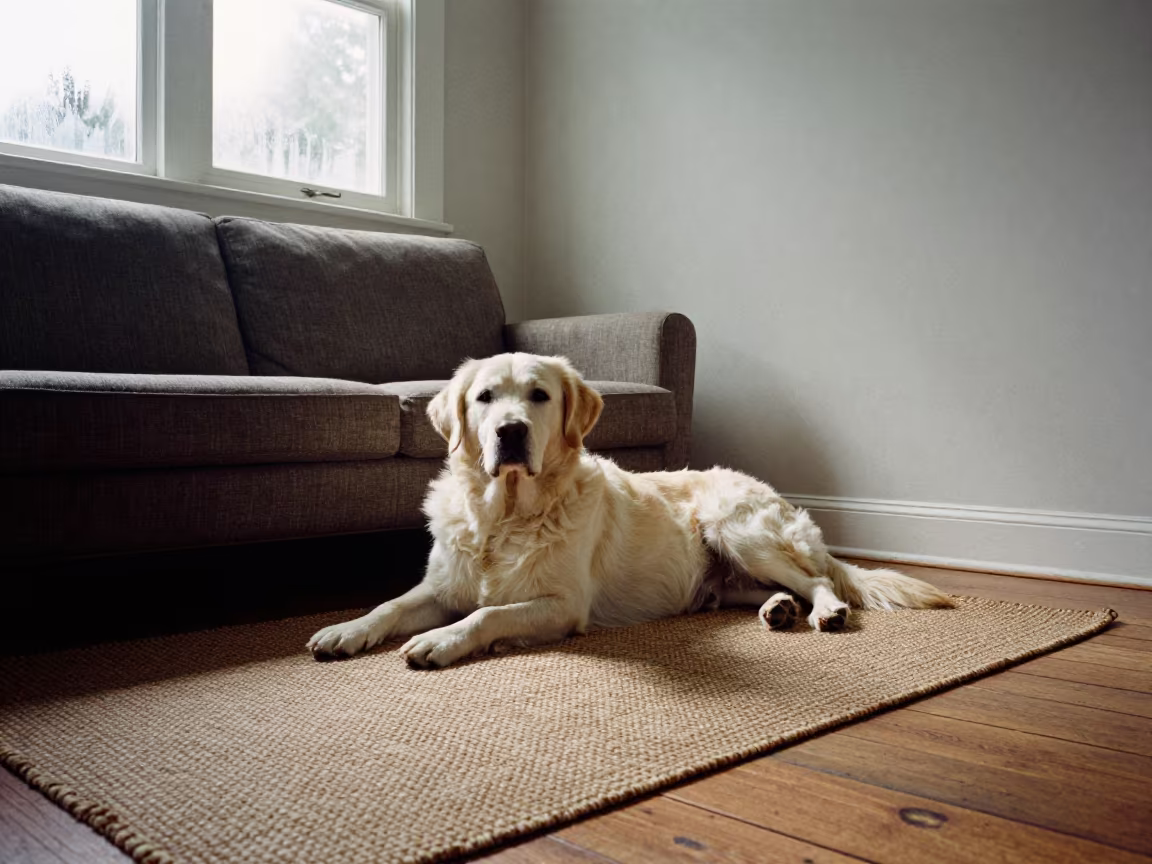 Chesapeake Bay Retriever Resting on Rug in Bata in on a woven rug beside a low couch and an uncluttered wall in Bata