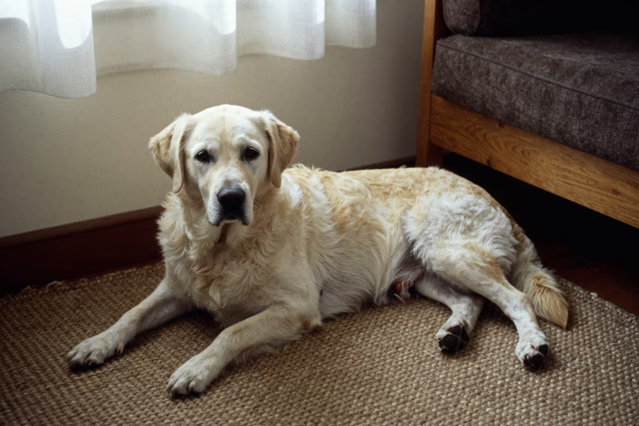 Chesapeake Bay Retriever Resting on Woven Rug in on a woven rug beside a low couch and an uncluttered wall near Oruro