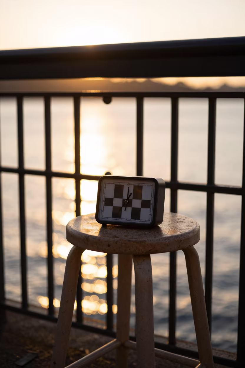Chess Clock on Canvas Stool by Sydney Pier Railing in on a pier railing in Sydney