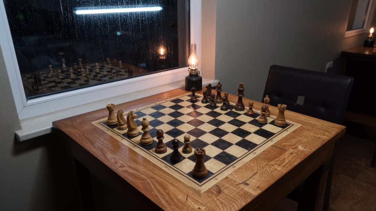 Chess Game by Fire Near Rainy Window in beside a rain-streaked window near Kirkuk