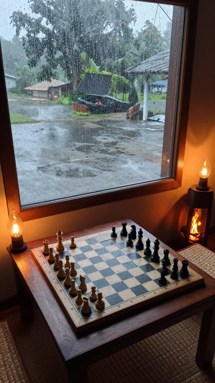 Chess Game By Fire Rain Window Cox's Bazar in beside a rain-streaked window in Cox's Bazar