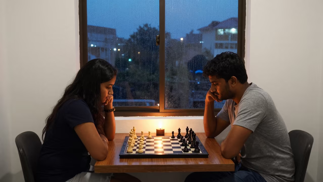 Chess Game by Fire in Pune Monsoon Window Seat in on a window seat in Pune