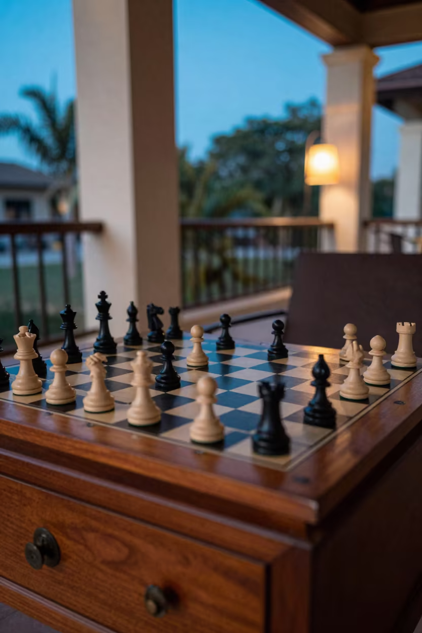 Chess Game on Monrovia Hotel Dresser Twilight in on a hotel dresser in Monrovia