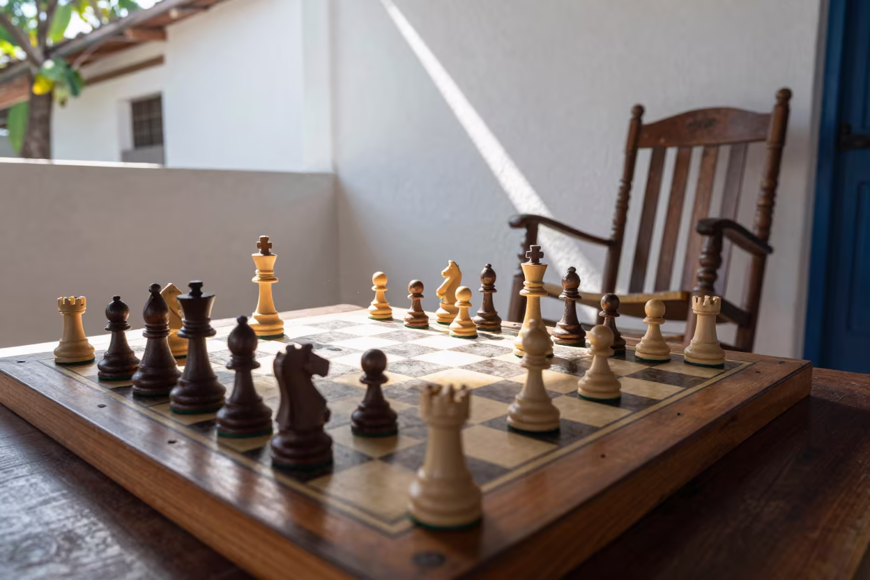 Chess Game on Porch in Morning Light in on a porch with a rocking chair near Coatzacoalcos