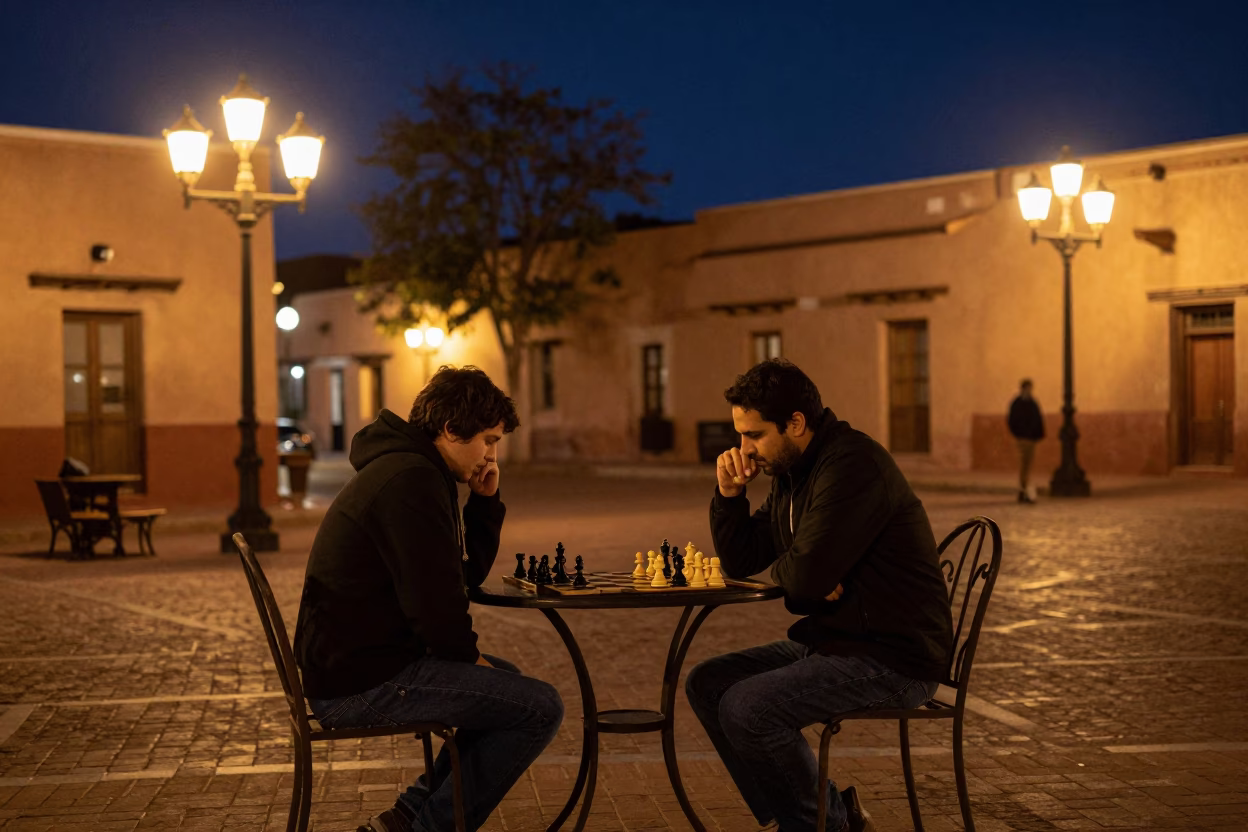 Chess Match after dark in Santa Fe in in Santa Fe, New Mexico, United States