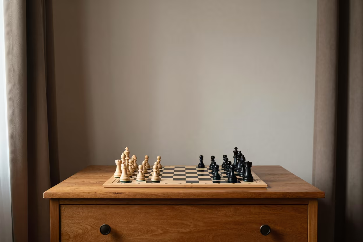 Chess Match on Hotel Dresser in Valera in on a hotel dresser in Valera