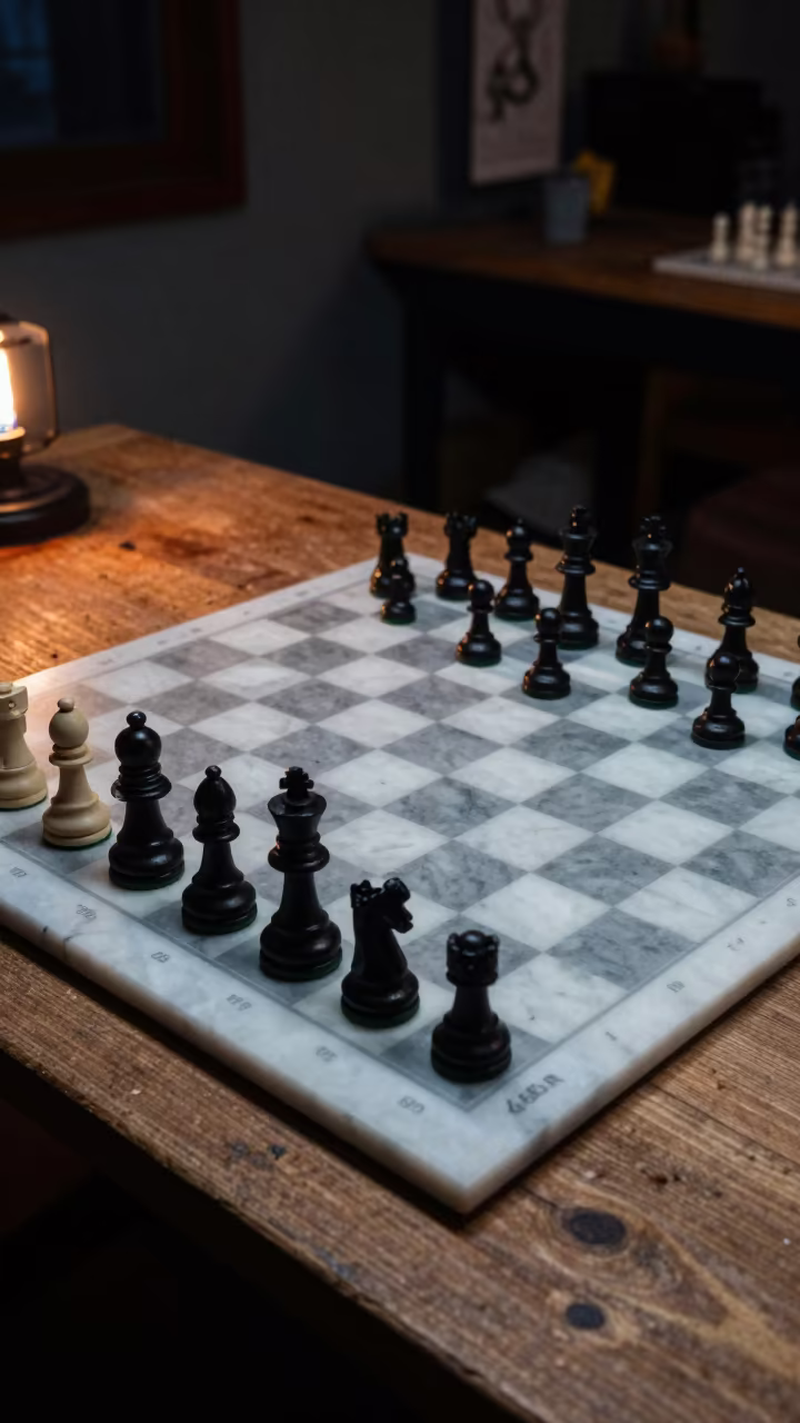 Chess Pieces on Marble Board in Kitwe Midnight in on a wooden workbench in Kitwe