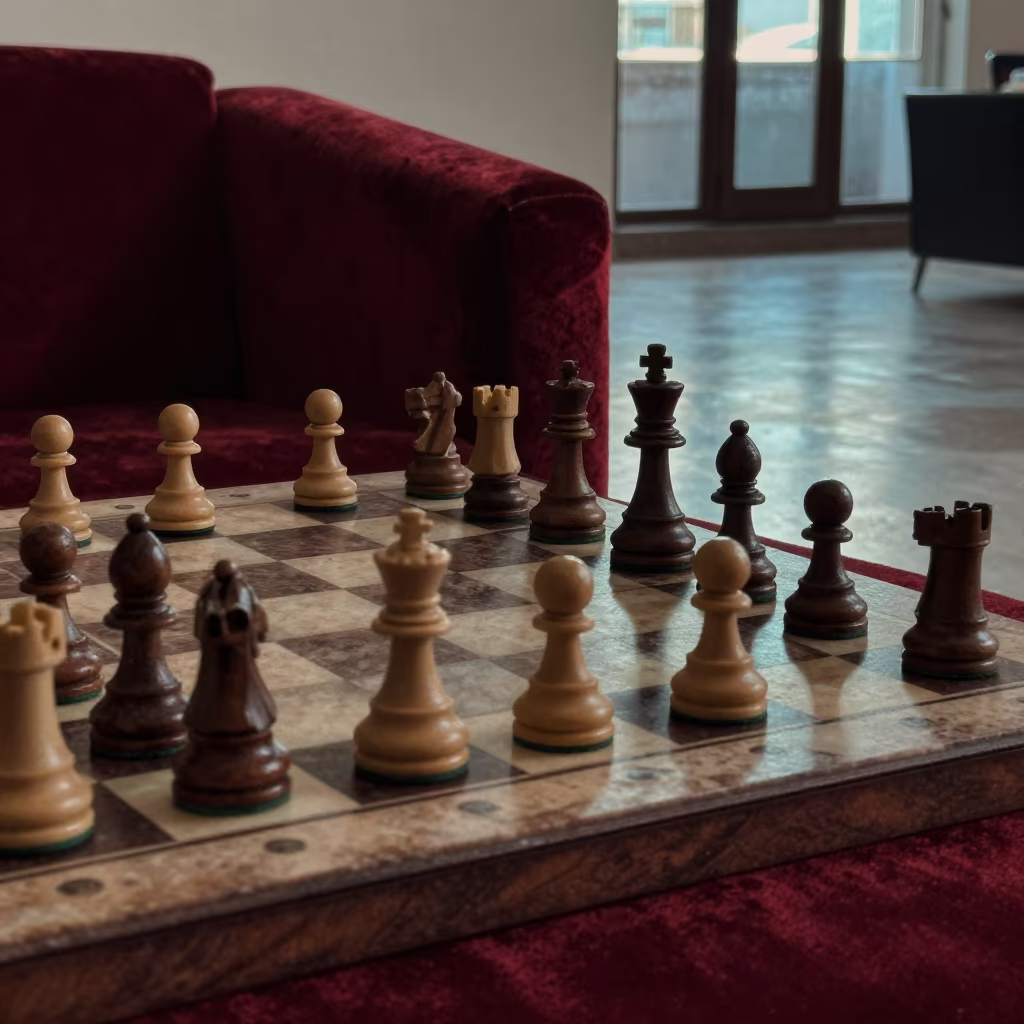 Chess Pieces on Marble Board in Ndjamena in on a velvet chair in Ndjamena