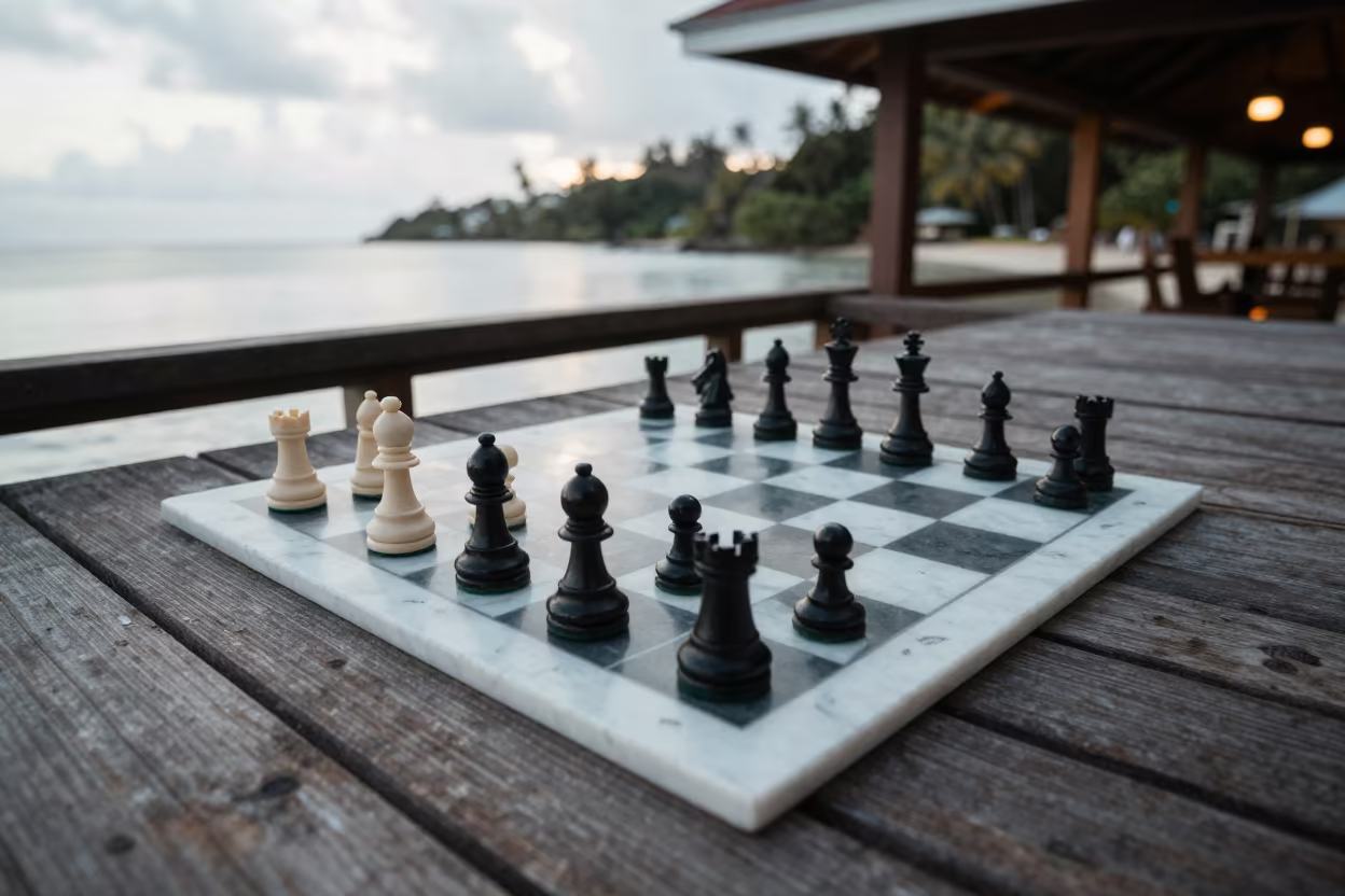 Chess Pieces on Marble Board at Seychelles Pier in on a pier railing near Victoria Seychelles