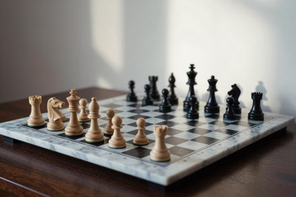 Chess Pieces on Marble Desk in Groningen Afternoon Light in on a writing desk in Groningen