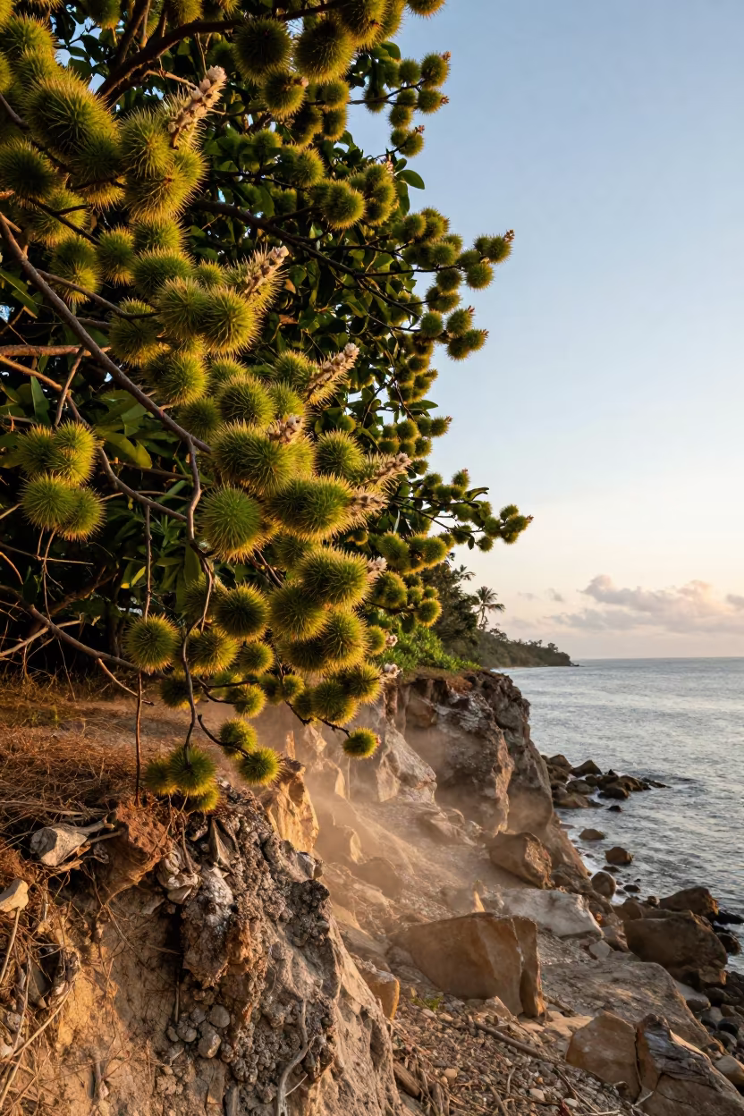 Chestnut Husks on Salt-Sprayed Cliff Edge in along a salt-sprayed cliff edge near Montego Bay