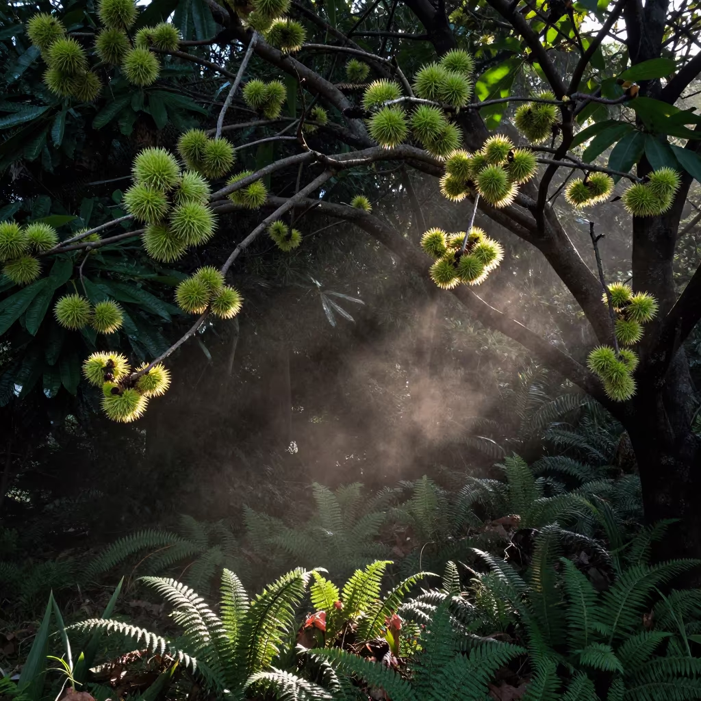 Chestnut Tree Husks in Dawn Shadow Taipei in on a fern-lined forest floor near Ximending, Taipei