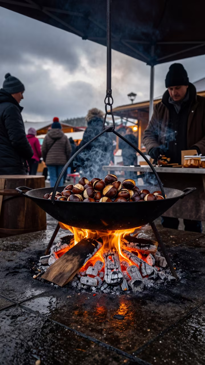 Chestnut Vendor Roasting Over Coals Winter Market in under a market canopy in Saint-Marc