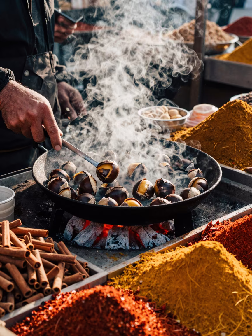 Chestnuts Roasted at Dawn in Corlu Market in at a spice vendor's table in Çorlu