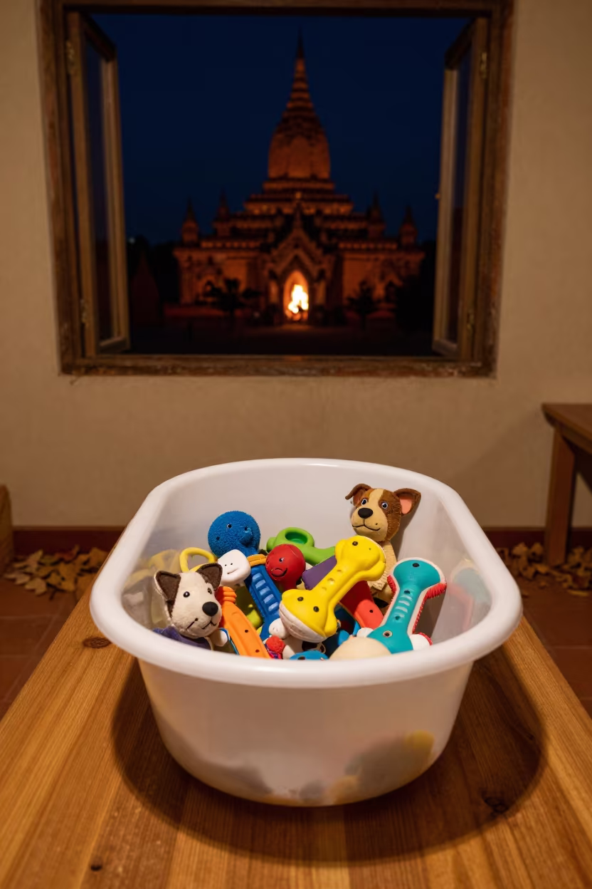 Chew Toy Tub in Bagan Adoption Room Night in inside an adoption room in Bagan