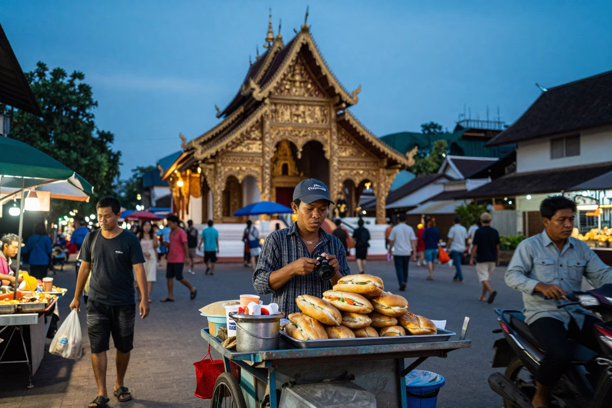 Chiang Mai Blue Hour Street Scene with Food Vendor and Temple Background in in Chiang Mai, Thailand