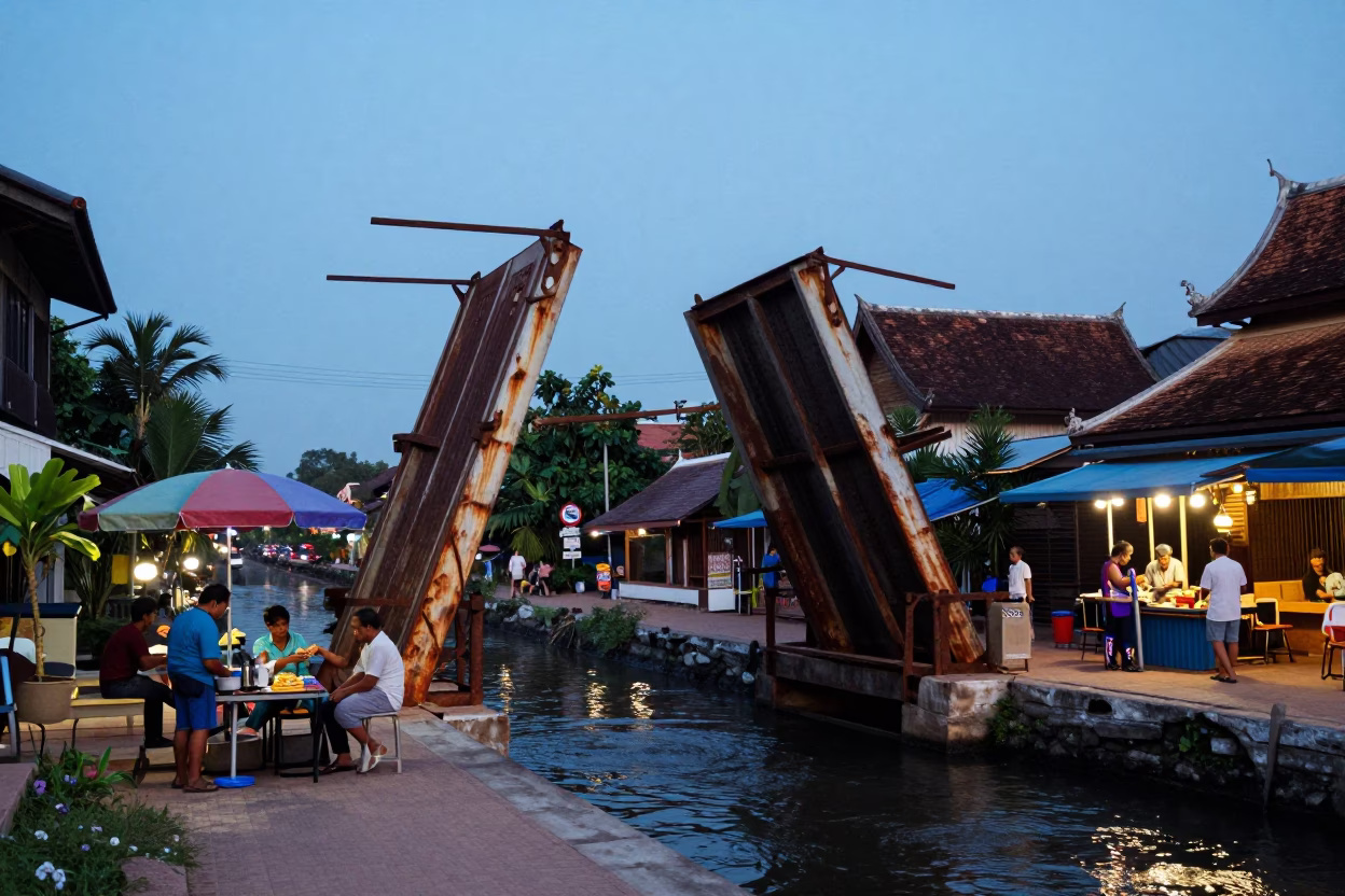 Chiang Mai Blue Hour Street Scene with Rusted Drawbridge and Local Vendor in in Chiang Mai, Thailand
