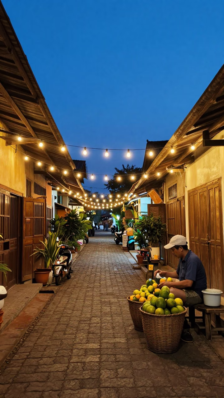 Chiang Mai Blue Hour Street Scene with String Lights and Wicker Hamper in in Chiang Mai, Thailand