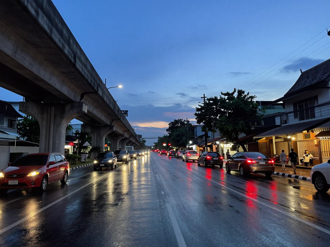 Chiang Mai Blue Hour Street Scene with Wet Road Reflections and Overpass Taillights in in Chiang Mai, Thailand