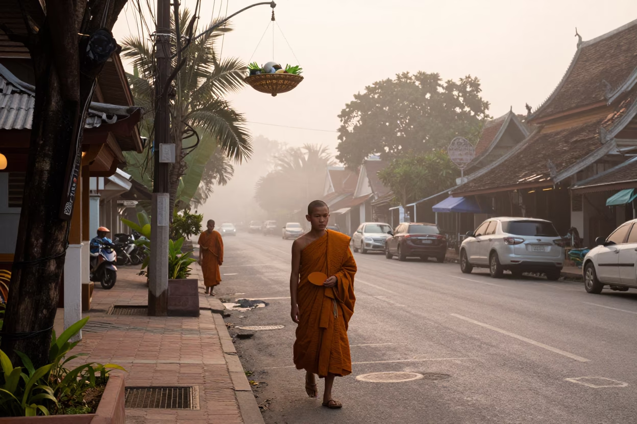 Chiang Mai Dawn Street Scene with Monk Alms and Floating Paper Lanterns in in Chiang Mai, Thailand