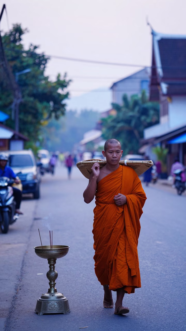 Chiang Mai Dawn Street Scene with Monk and Incense Holder at First Light in in Chiang Mai, Thailand