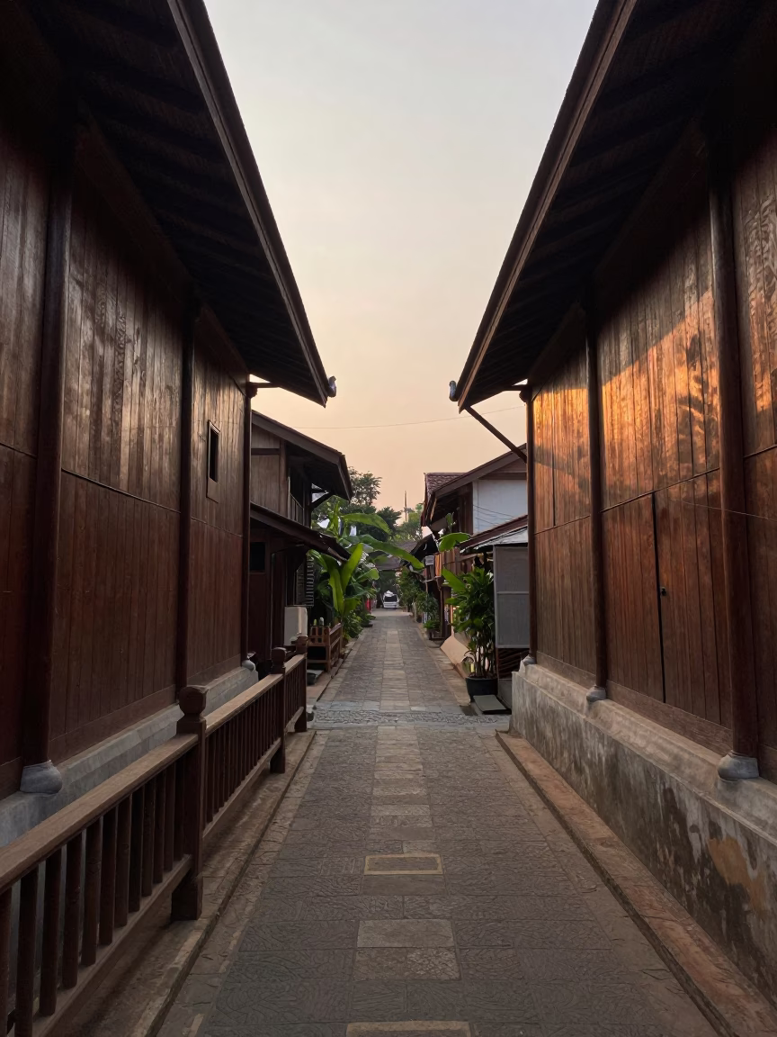 Chiang Mai Dawn Street Scene with Wooden Stair Rail and Local Morning Activity in in Chiang Mai, Thailand