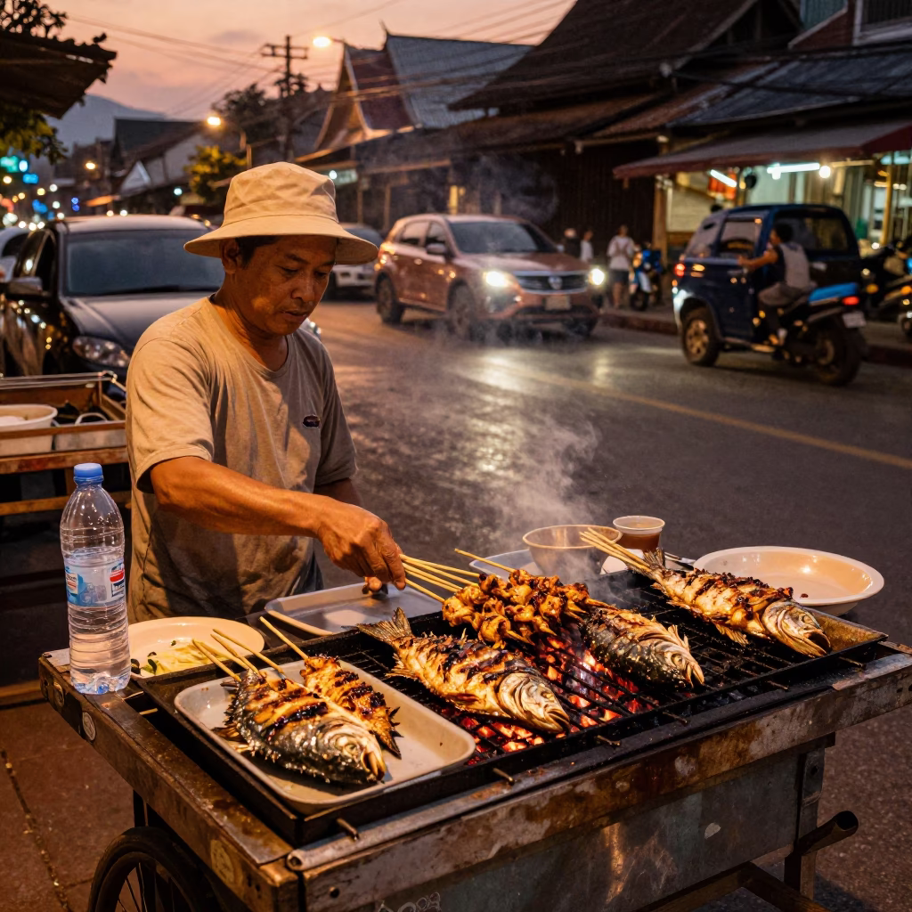 Chiang Mai Dusk Street Scene with Grilled Fish and Water Bottle in in Chiang Mai, Thailand