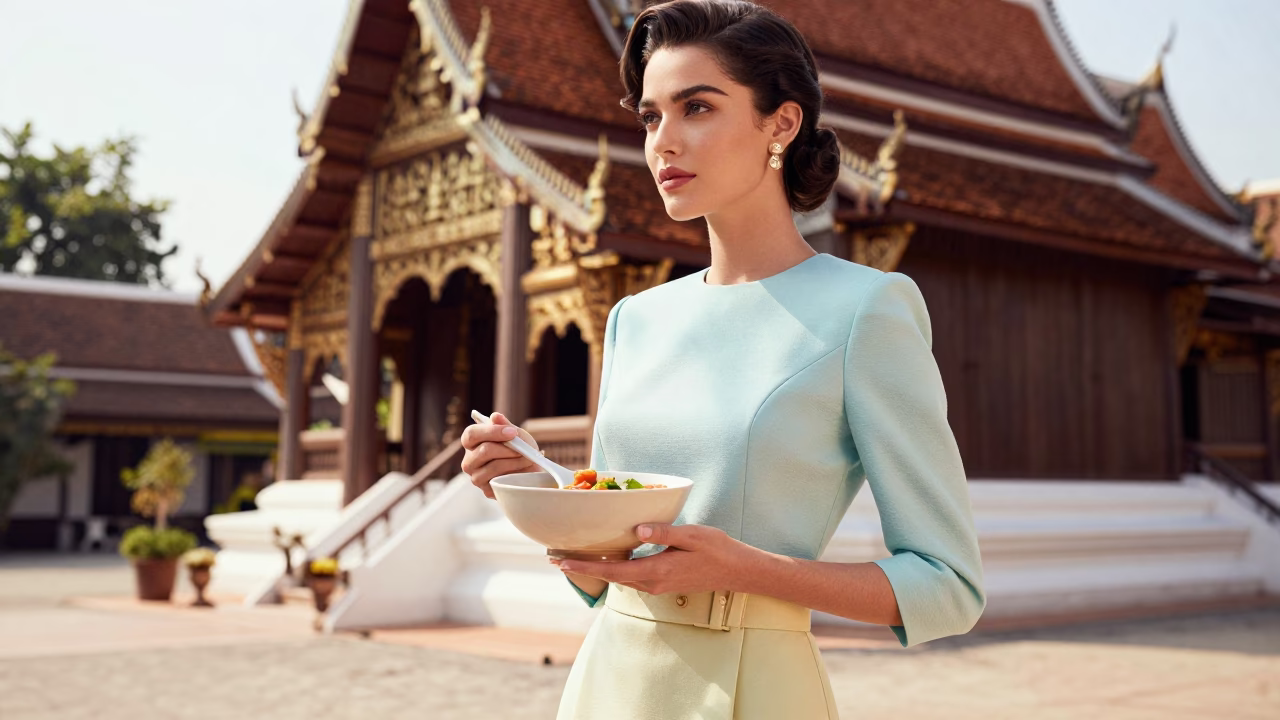 Chiang Mai Elegant Woman Holding Tom Yum Soup at Bright Midmorning Light in in Chiang Mai, Thailand