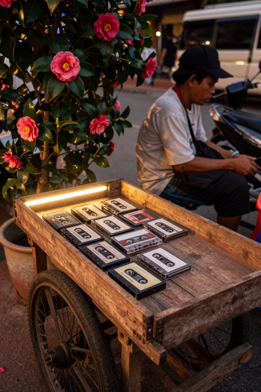 Chiang Mai Evening Street Scene with Camellia and Vintage Cassette Tapes in Honeyed Light in in Chiang Mai, Thailand