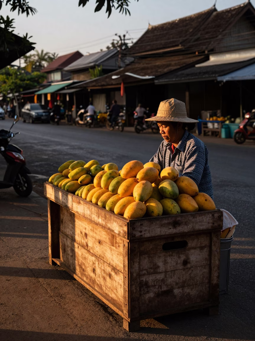 Chiang Mai Evening Street Scene with Fruit Crate and Local Interaction in in Chiang Mai, Thailand