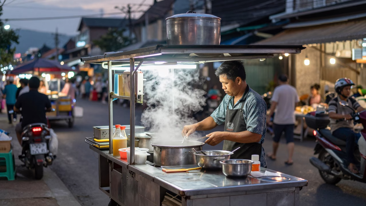 Chiang Mai evening street scene with steam from noodle cart and passing traffic shadows in in Chiang Mai, Thailand