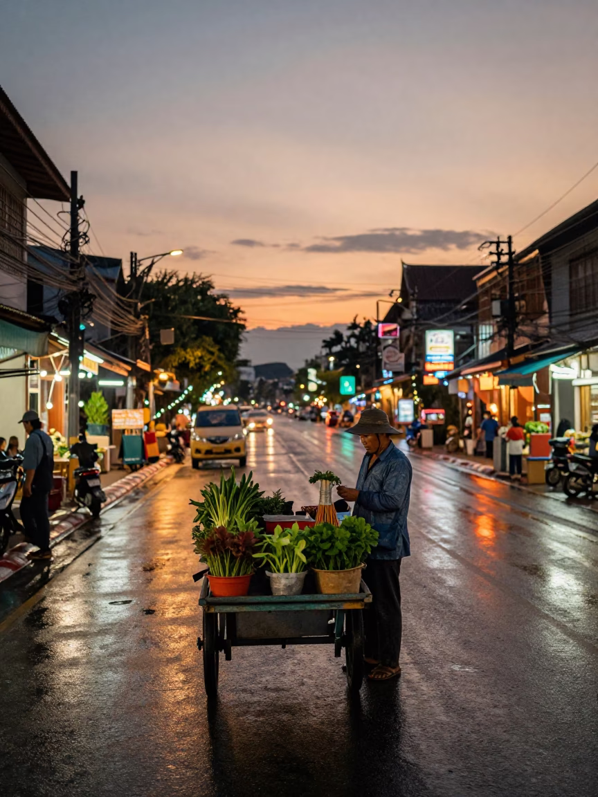 Chiang Mai Evening Street Scene with Vendor Selling Potted Herbs Under Glowing City Lights in in Chiang Mai, Thailand