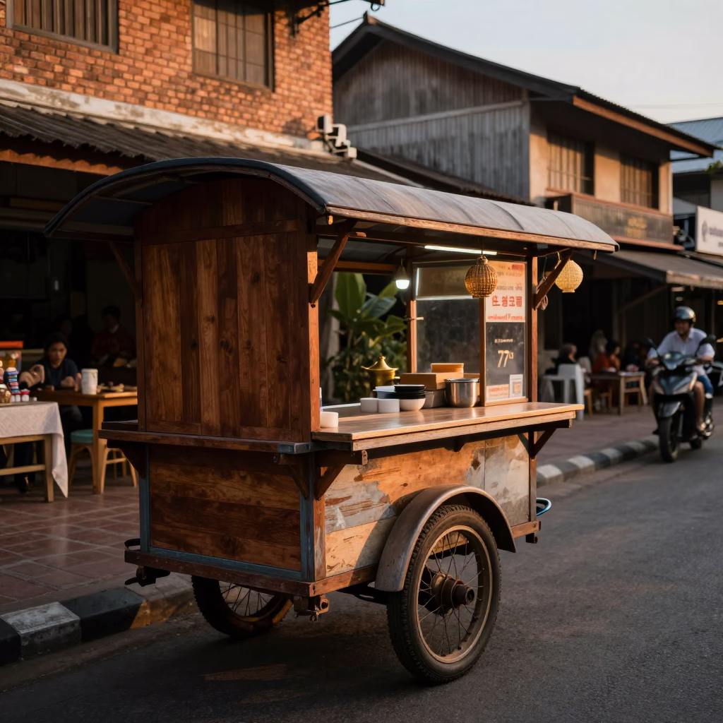 Chiang Mai Evening Street Scene with Wooden Vendor Cart and Urban Details in in Chiang Mai, Thailand